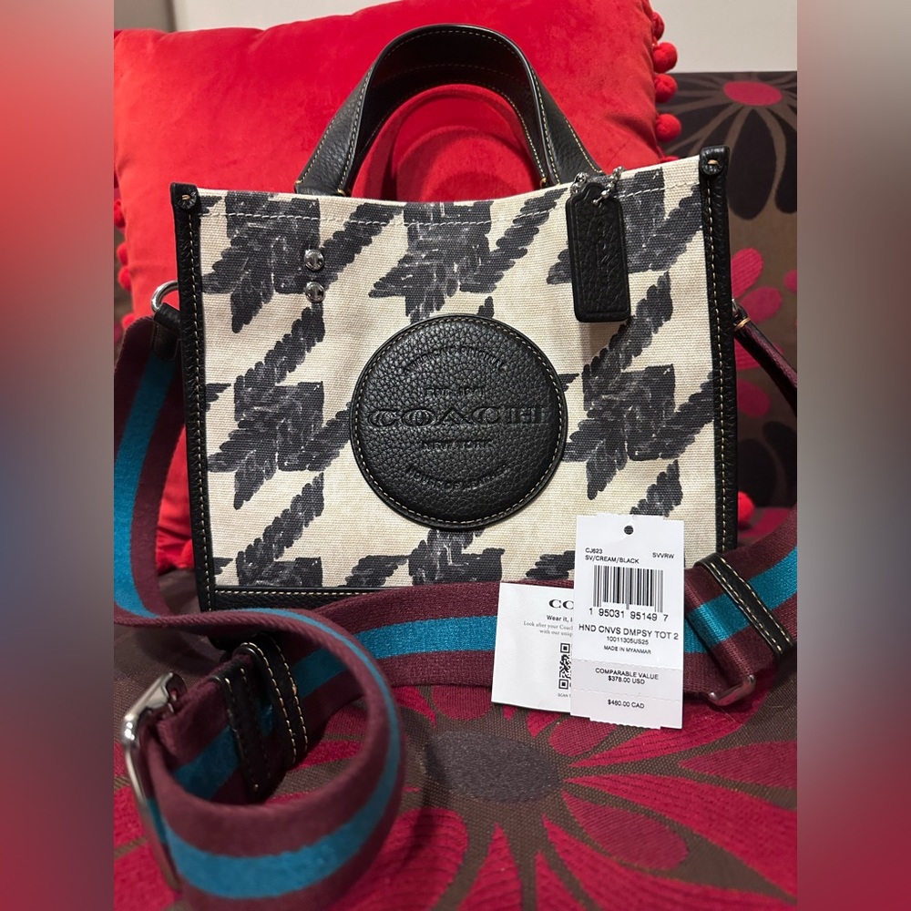 NWT Authentic COACH Black Cream Canvas Dempsey Tote Pebbled Leather Houndstooth
